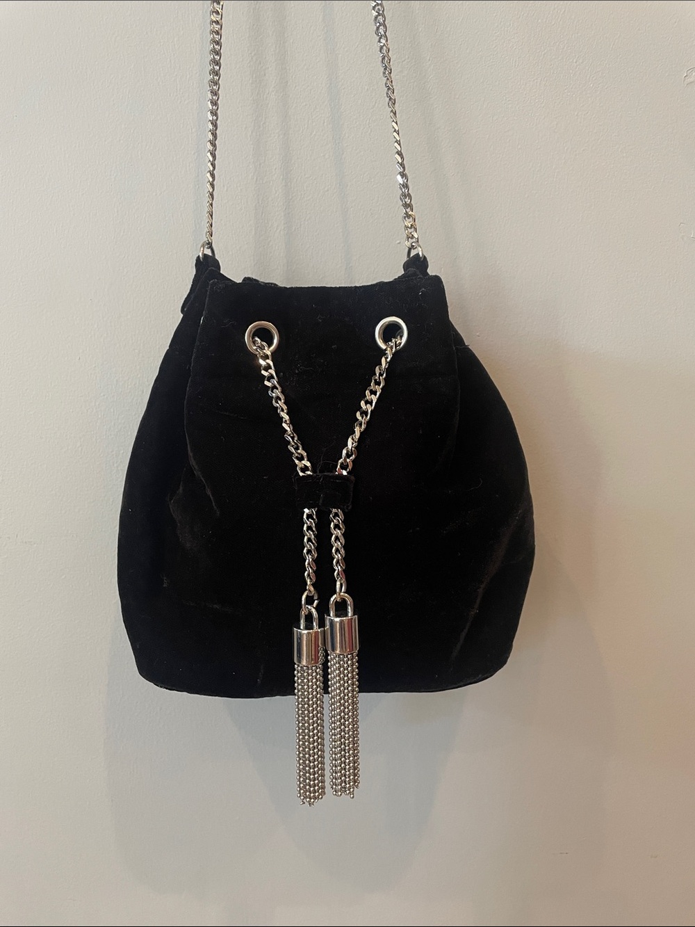 Black Velvet Drawstring Bucket Bag with Silver Chain Tassels